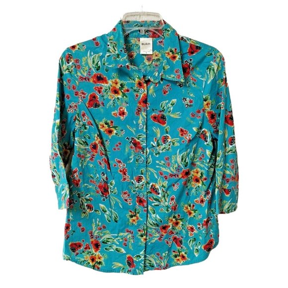 Blair Tops - Blair Button Up Shirt 3/4 Sleeve Blue Floral Women's Small